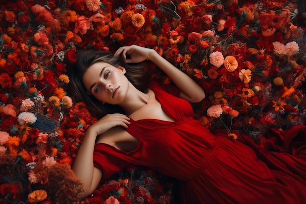 Jonge vrouw in het rood liggend op bloemen volwassen meisje op florale achtergrond generatieve AI