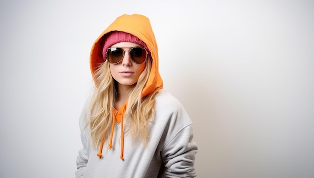 Jonge vrouw in hoodie en zonnebril