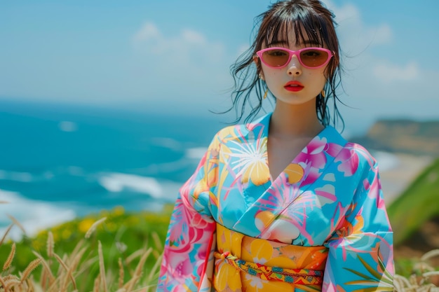 Jonge vrouw in kleurrijke kimono outfit poseert aan zee met Blue Ocean Summer Fashion and Travel