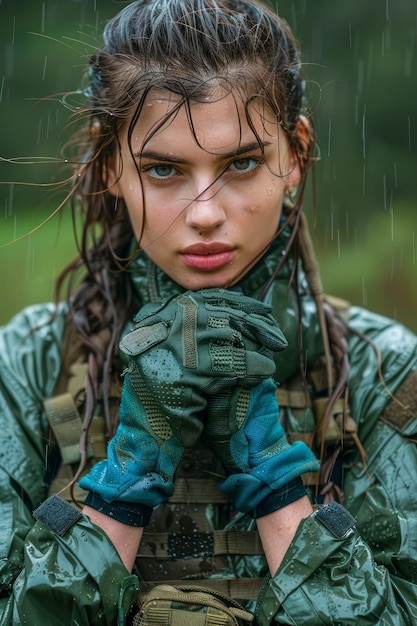 Jonge vrouw in militaire kleding die de regen in een natuurlijke omgeving trotseert