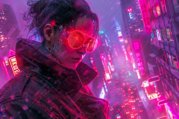 Foto jonge vrouw in neonlit stedelijke omgeving's nachts futuristische stadsvibe en cyberpunk mode