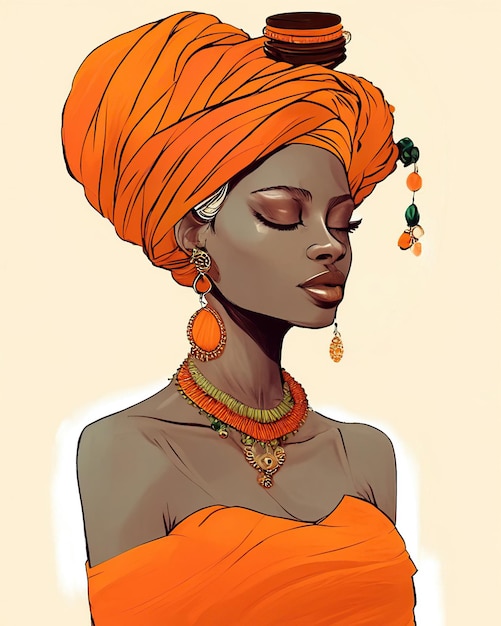 jonge vrouw in oranje jurk met turban en etnische sieraden