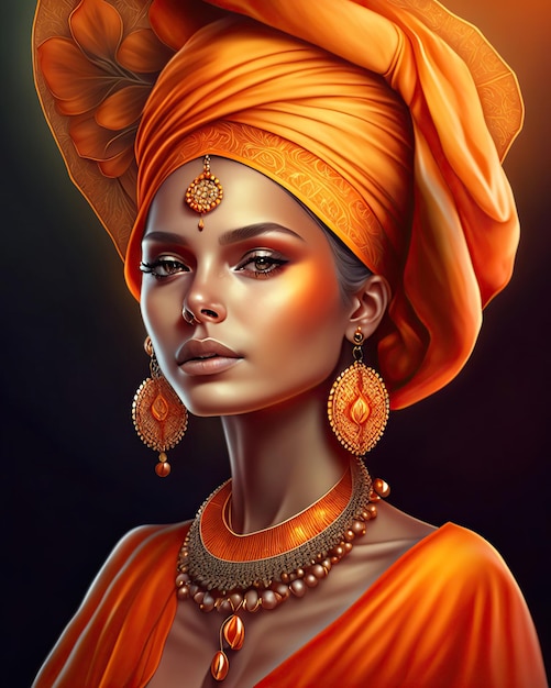 jonge vrouw in oranje jurk met turban en etnische sieraden