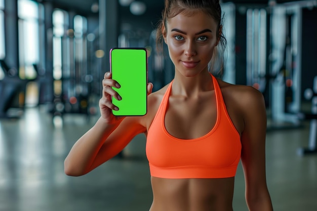 Jonge vrouw in oranje sporttop in de sportschool met een smartphone met een groen scherm chromakey