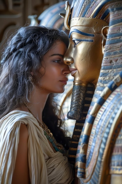 Foto jonge vrouw in oude egyptische kleding staat dicht bij de gouden farao-sarcofaag in het historische