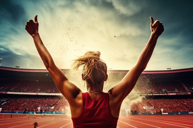 Jonge vrouw in sportkleding die op het stadion loopt