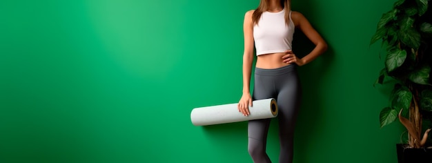 Jonge vrouw in sportkleding en met een yogamat bij een groene muur