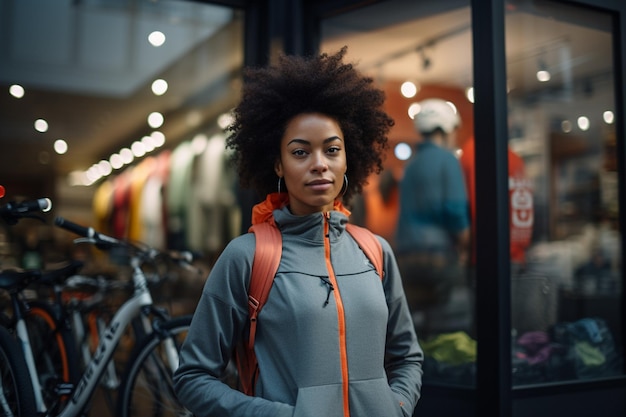 jonge vrouw in sportkleding staande voor fietsenwinkel met bokeh stijl achtergrond