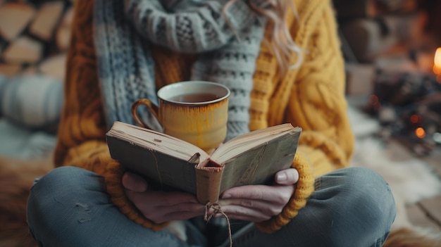 Foto jonge vrouw in warme kleren zit bij de open haard met een kop thee en een boek
