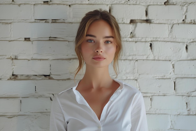 Jonge vrouw in wit overhemd tegen witte bakstenen muur stock foto