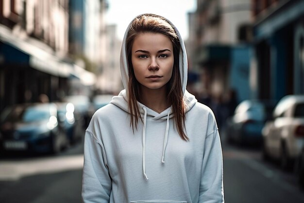 Foto jonge vrouw in witte hoodie outdoor portret hoodie mockup kopie ruimte ai gegenereerd