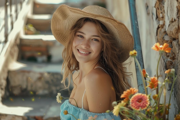 Jonge vrouw in zomer outfit met bloemen glimlachend in de stad