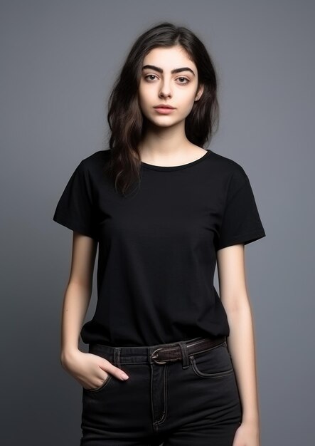 Jonge vrouw in zwart T-shirt en spijkerbroek op een grijze achtergrond