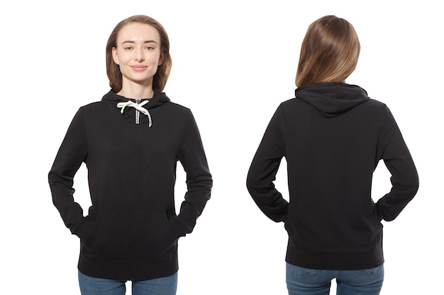 Jonge vrouw in zwarte hoodie voor- en achtermodel