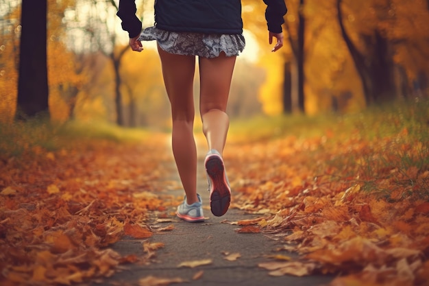 Jonge vrouw joggen in het herfstpark Gezonde levensstijlconcept