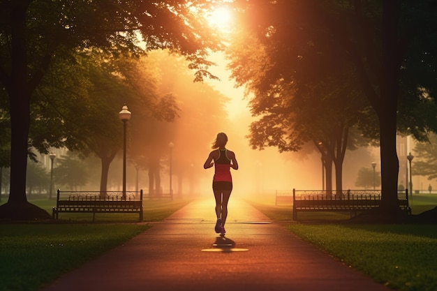 jonge vrouw joggen in het stadspark in de vroege ochtend