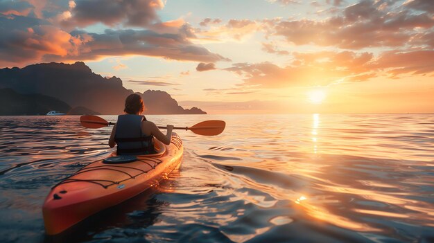 Jonge vrouw kajakt alleen in de zee bij zonsondergang de lucht is oranje en het water is rustig ze draagt een reddingsvest en roeit met één hand