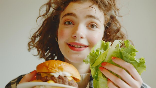 Jonge vrouw kiest tussen burger en salade gezonde versus ongezonde beslissing nemen conceptuele foto AI