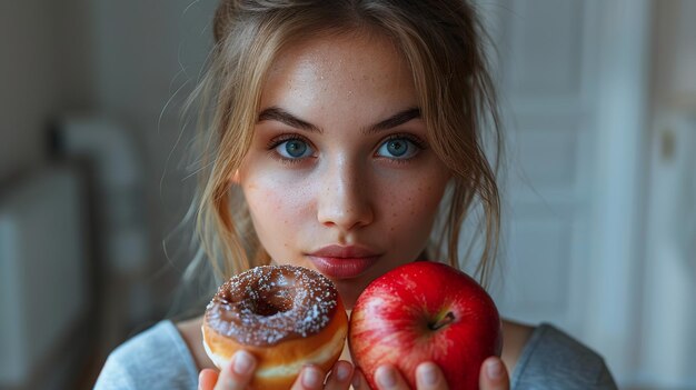 Jonge vrouw kiest tussen donut en appel in de keuken