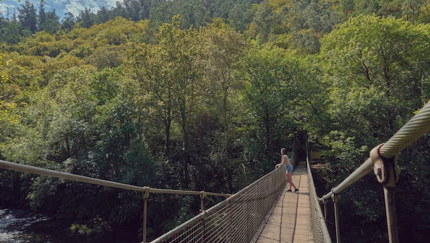 Jonge vrouw kijken naar een rivier vanaf een hangbrug in het bos op een zonnige zomerdag. Bos van Galicië. Santiago's weg