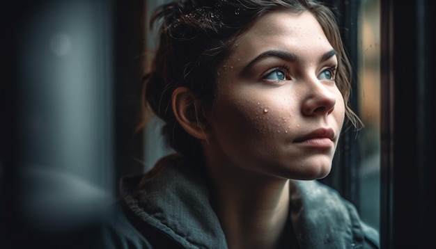 Jonge vrouw kijkt door raam verdriet regen eenzaamheid contemplatie gegenereerd door AI