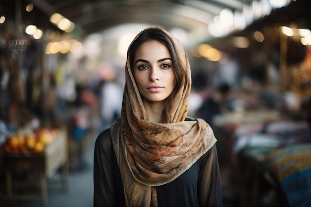 Jonge vrouw kijkt naar de camera en poseert op een Arabische stadsmarkt