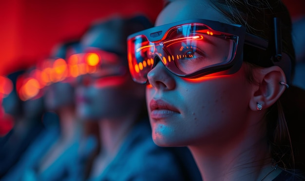 Jonge vrouw kijkt naar een 3D-film in de bioscoop met een speciale bril.
