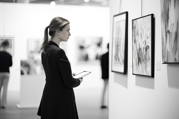 Jonge vrouw kijkt naar kunstwerken in zwart-wit kunstgalerie
