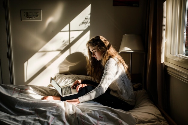 Jonge vrouw kijkt op laptop in slaapkamer.