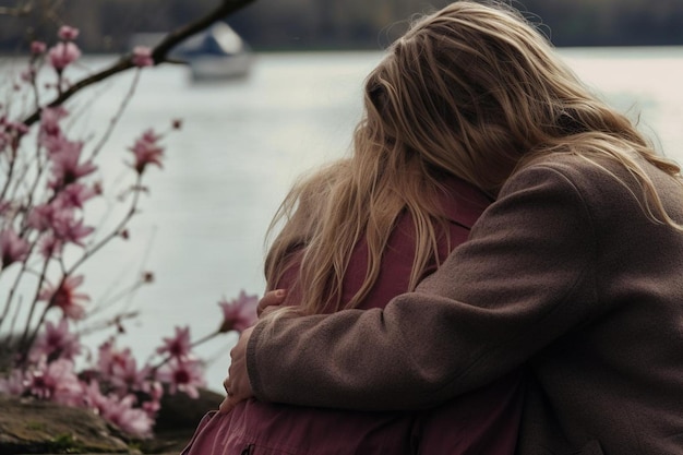 Jonge vrouw knuffelt haar vriend omdat hij haar bloemen heeft gegeven