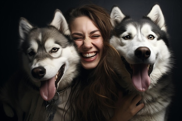 jonge vrouw lacht met twee huskies honden