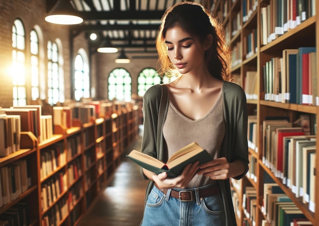 Jonge vrouw leesboek in bibliotheek