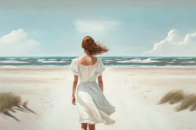 Jonge vrouw loopt alleen op het strand meisje draagt witte jurk door zee generatieve AI