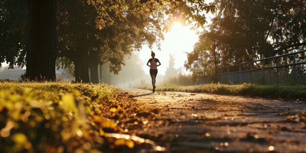 Jonge vrouw loopt bij zonsondergang in het park op de weg