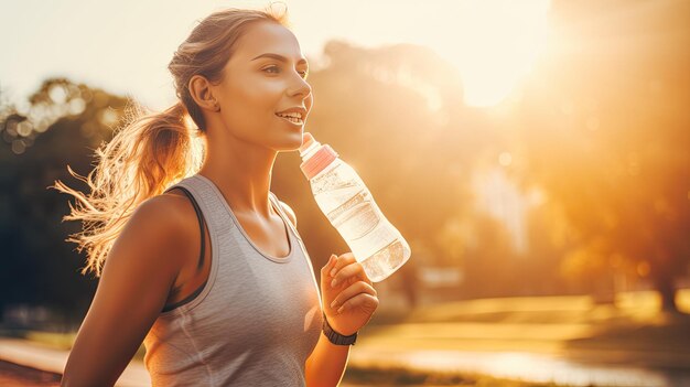 Foto jonge vrouw loopt in het park ze glimlacht en houdt een waterfles vast de zon schijnt helder