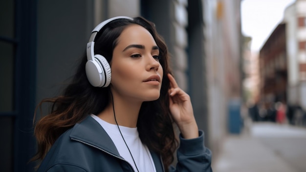 Jonge vrouw luistert naar muziek met koptelefoon in de stad