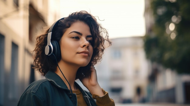 Jonge vrouw luistert naar muziek met koptelefoon in de stad