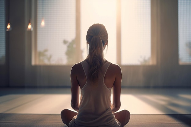 Jonge vrouw mediteren in lotushouding, meditatie en gezond ontspannen, actief levensstijlconcept Genieten van meditatie terwijl je yoga doet, achteraanzicht AI gegenereerd beeld