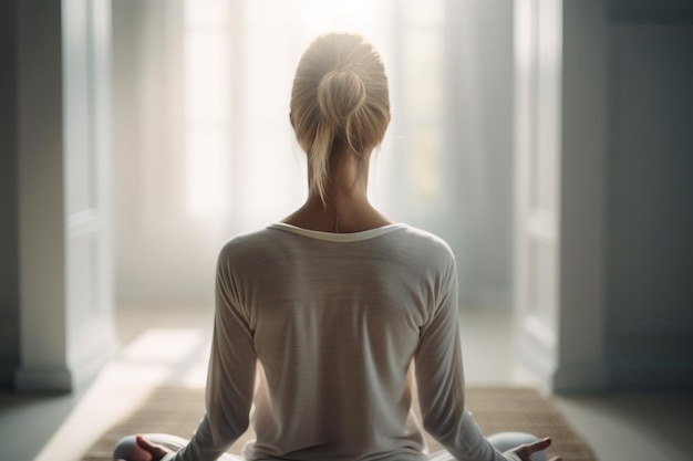 Jonge vrouw mediteren in lotushouding, meditatie en gezond ontspannen, actief levensstijlconcept Genieten van meditatie terwijl je yoga doet, achteraanzicht AI gegenereerd beeld