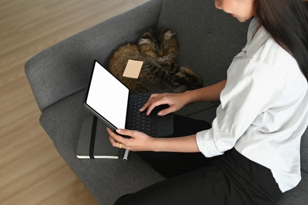 Jonge vrouw met behulp van een laptop op een bank