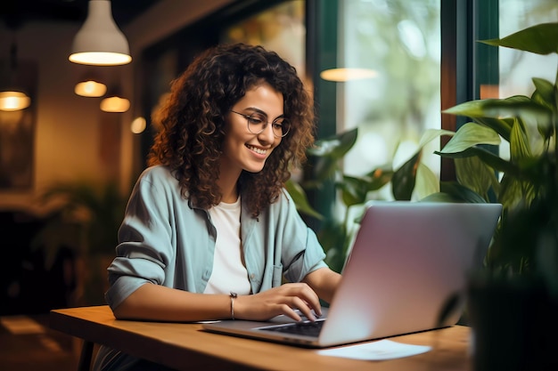 Jonge vrouw met behulp van laptop zittend aan een bureau Werken of leren online klasconcept