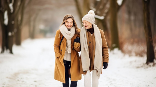 Jonge vrouw met bejaarde grootmoeder in het park in de winter Hulp voor bejaarden in de winter