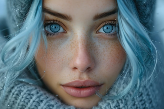 Foto jonge vrouw met blauw haar in winteromgeving intense blik portret met sneeuwvlokken