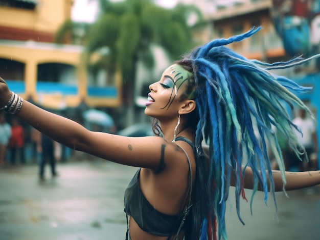 Foto jonge vrouw met blauwe dreadlocks reggae dansen op straat