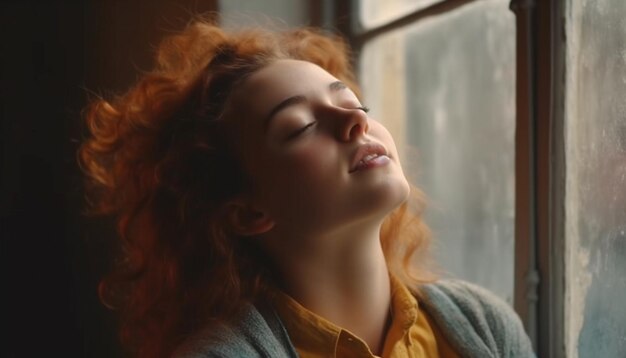 Foto jonge vrouw met bruin krullend haar glimlachend uit het raam kijkend, gegenereerd door kunstmatige intelligentie
