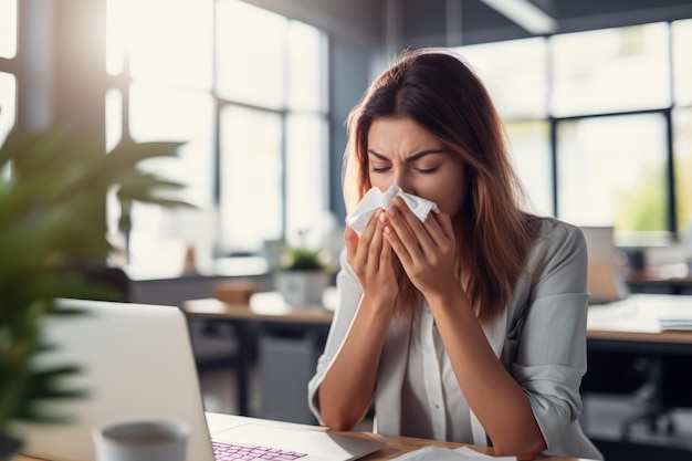 Jonge vrouw met de griep die haar neus snuit met behulp van een tissue van ongemak tijdens het allergieseizoen