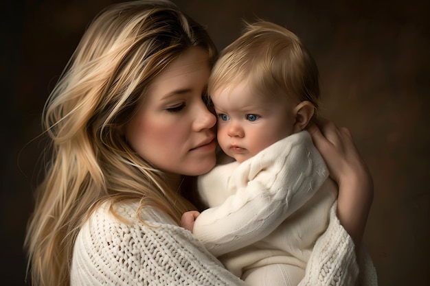 Jonge vrouw met een baby in haar armen.