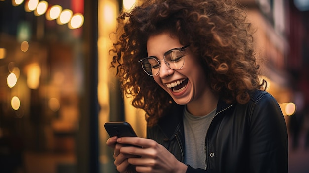 Jonge vrouw met een besmettelijk gelach die naar het telefoonscherm kijkt