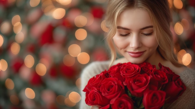 Jonge vrouw met een boeket rode rozen met lichten op de achtergrond Valentine concept Generative Ai