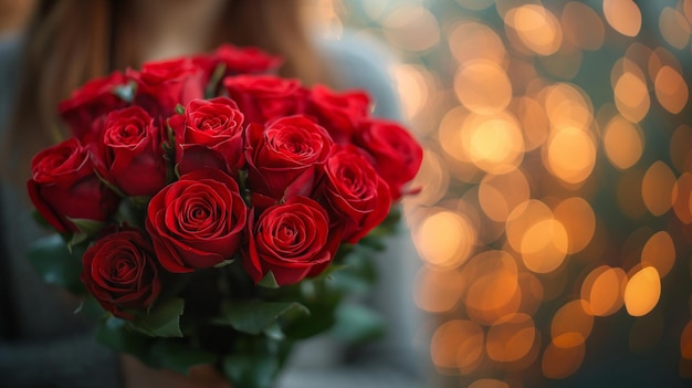 Foto jonge vrouw met een boeket rode rozen met lichten op de achtergrond valentine concept generative ai